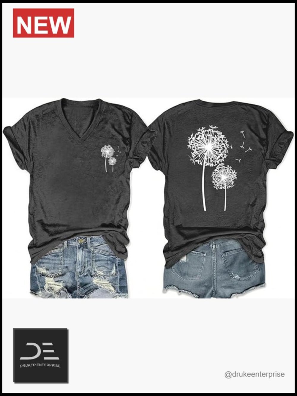 V-Neck Graphic Tee, Sunflower Dragonfly Dandelion Print, Short Sleeve, Cotton